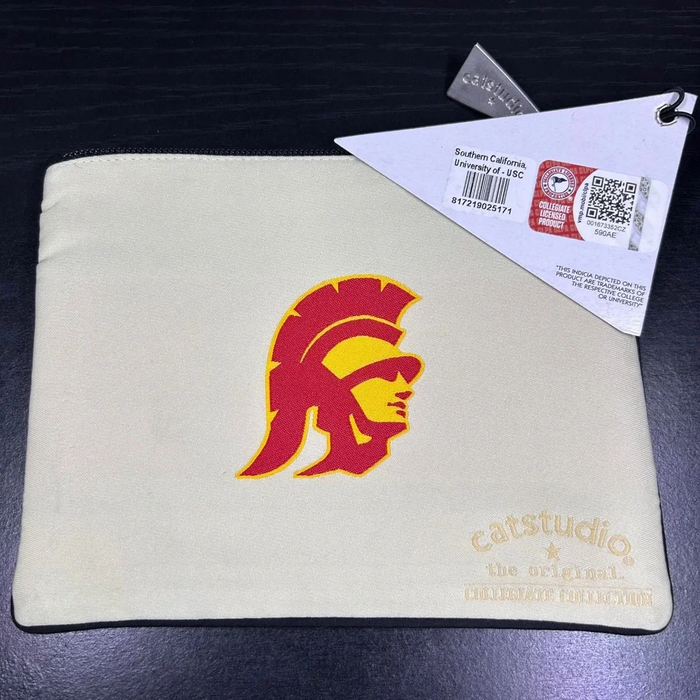 NWT Catstudio USC Trojans Collegiate Zipper Pouch Woven Canvas Makeup Bag Cream
